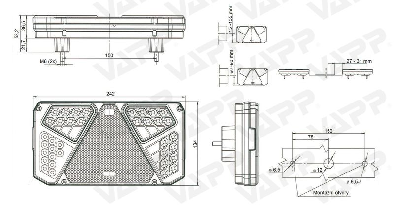 Svítilna WAS W125DP/916 sdružená LED 12-24V, P-BL/BR/KO/ML/CO, kabel 2m 