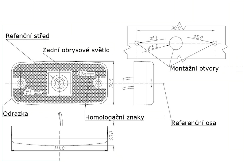 Svítilna zadní obrysová LED WAS w46/224, 12-24V s odrazkou 