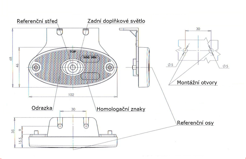 Svítilna zadní obrysová LED WAS W64/307Z, 12-24V, eliptická na držáku 