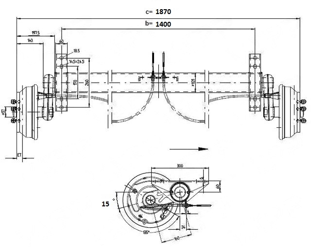 Náprava KNOTT GB 18 (1800 kg) b=1400 mm 250x40 (112x5) s přípravou pro tlumiče