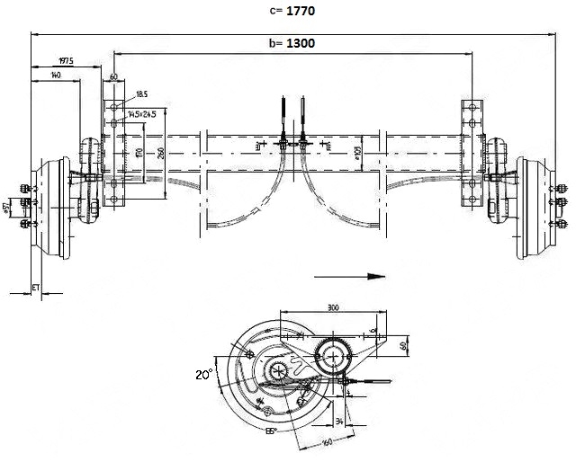 Náprava KNOTT GB 18 (1800 kg) b=1300 mm 250x40 (112x5) s přípravou pro tlumiče