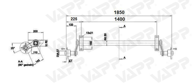 Náprava KNOTT VG 7-L (750 kg) b=1400 mm, 100x4 Wasser