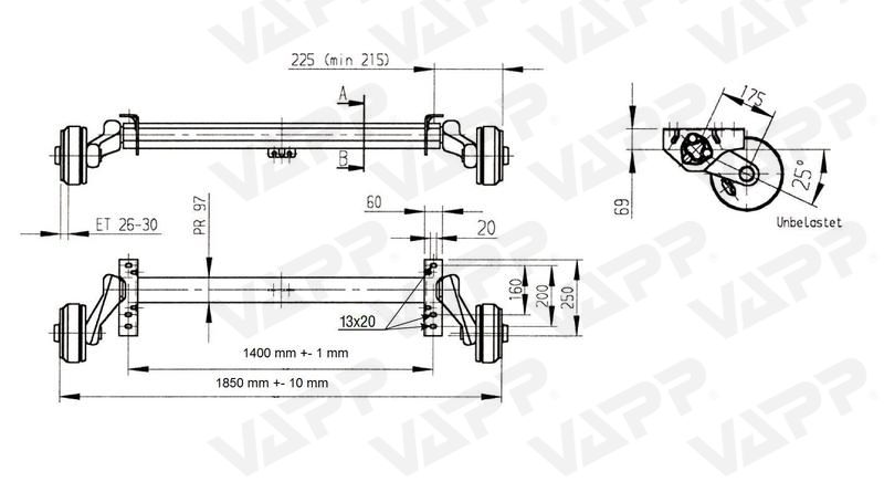 Náprava brzděná AL-KO B 1200, a=1400 mm, E-PLUS, 112x5