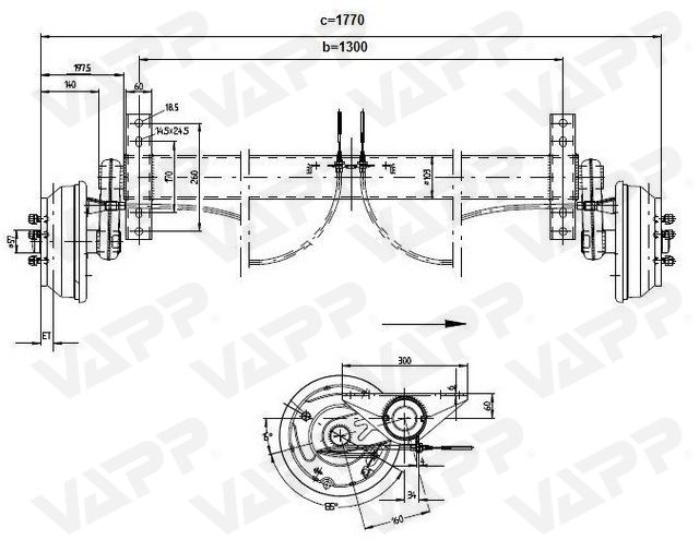 Náprava KNOTT GB 15 (1500 kg) b=1300 mm 250x40 (112x5)