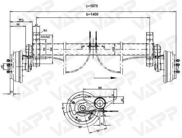 Náprava KNOTT GB 15 (1500 kg) b=1400 mm 250x40 (112x5)