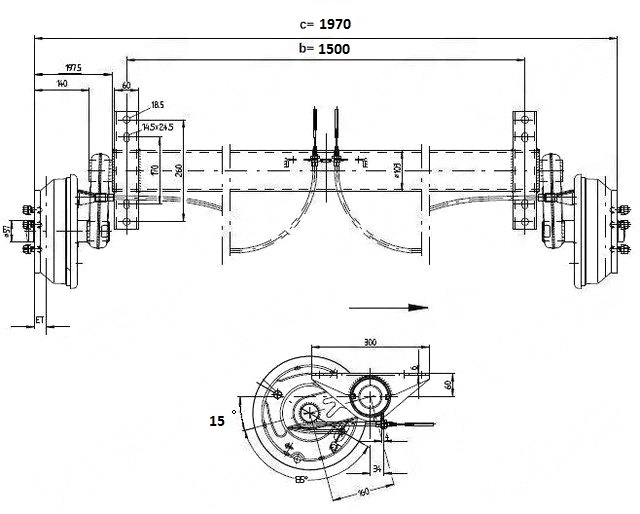 Náprava KNOTT GB 18 (1800 kg) b=1500 mm 250x40 (112x5) s přípravou pro tlumiče + ANS