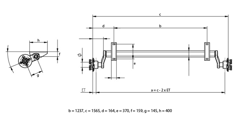 Náprava KNOTT VG 7-L (750 kg) b=1237 mm, vysoké patky, 100x4 (Vario/Rapid)