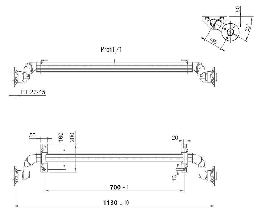 Náprava AL-KO UBR  700-5 (750 kg) a= 700 mm, 100x4, patky 50