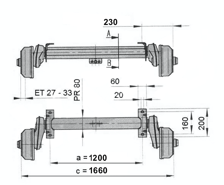 Náprava AL-KO Compact B 850-10 (1000 kg) a=1200 mm, 100x4