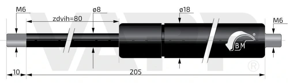 Plynová vzpěra Berthold Marx  205 mm,  100N, 08/18 M6
