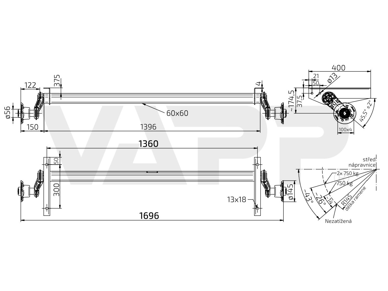 Náprava KNOTT VG 7 (750 kg) b=1360 mm, c=1696 mm, 100x4, (patky pro Lider)