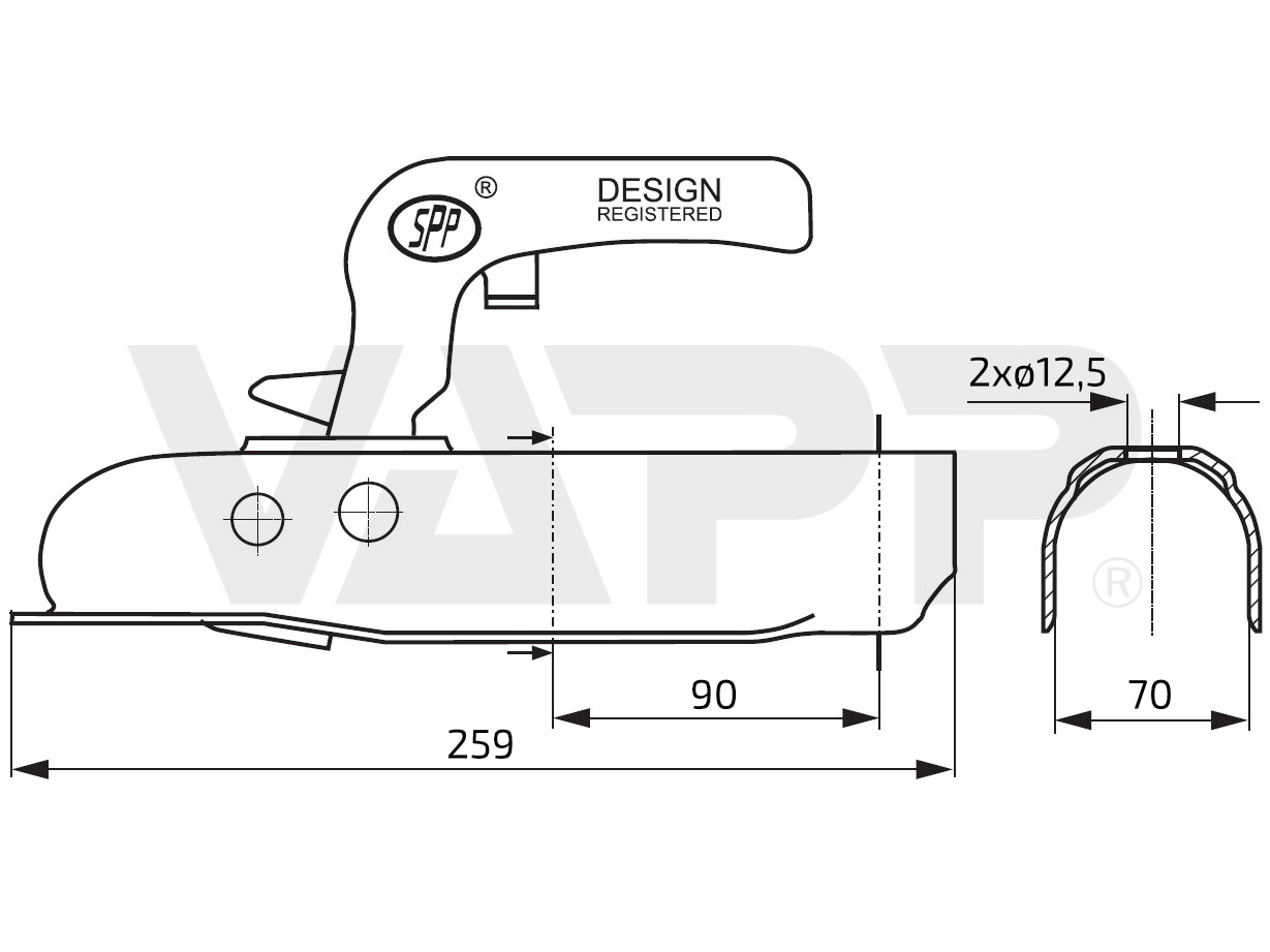 Tažná spojka SPP ZSK-750E, 750 kg, 70 mm, V12