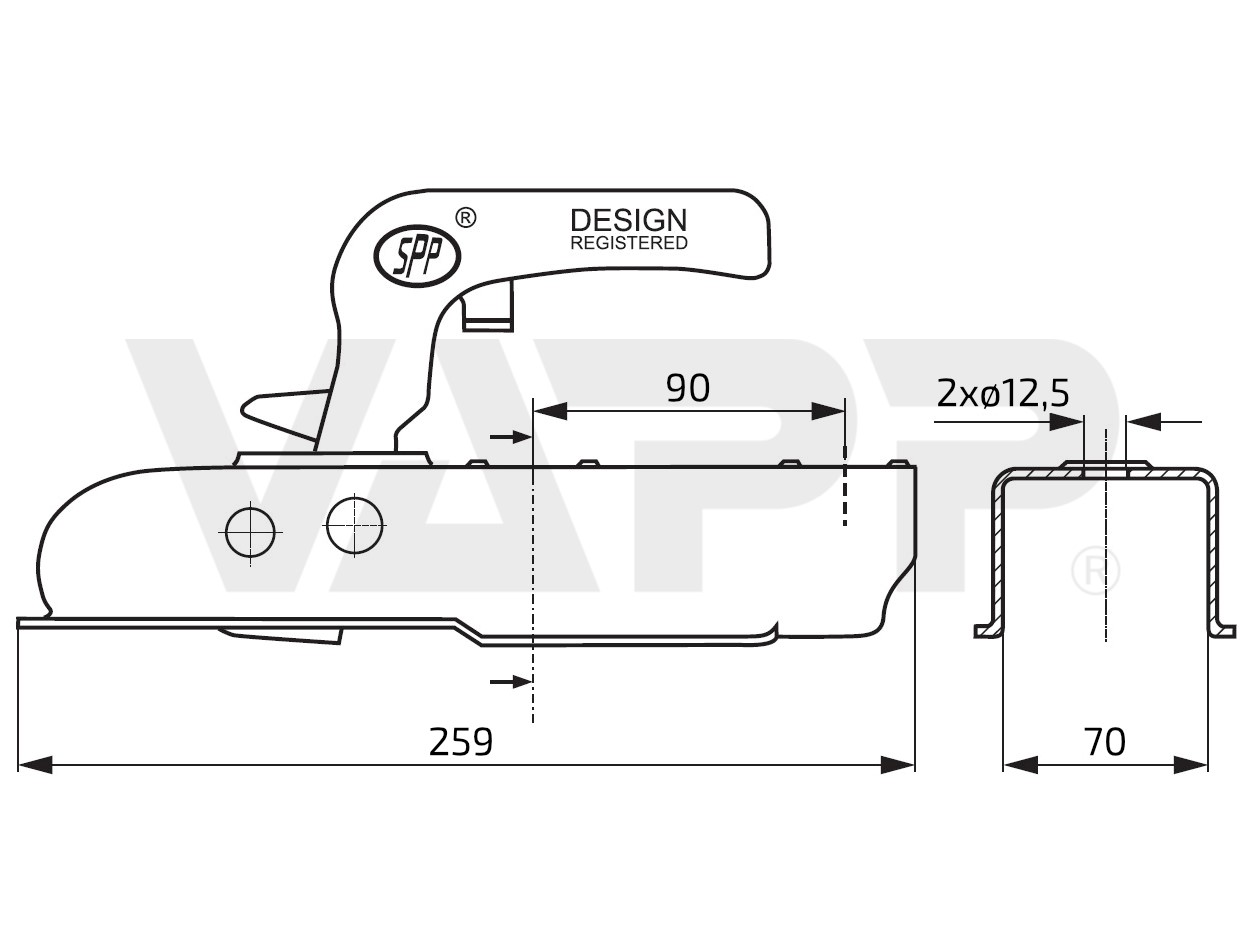 Tažná spojka SPP ZSK-750J, 750 kg, 70x70 mm, V12