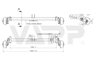 Náprava AL-KO B 850-10 (1000 kg) a=1430 mm, c=1860 mm, 2051, 112x5, navářka na oj