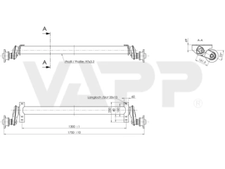 Náprava AL-KO UBR 1200-5 (1300 kg) a=1300 mm, c=1750 mm, 100x4, patky 69
